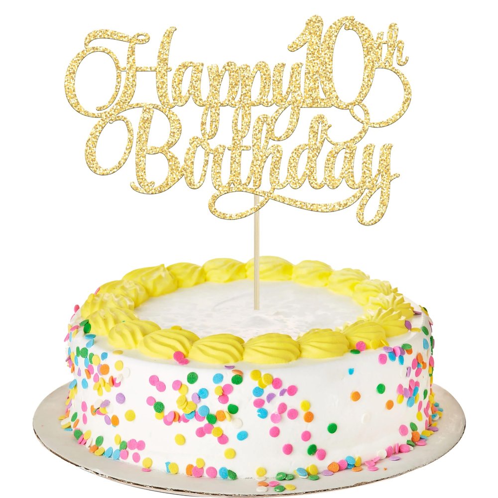 1 Pack Happy 10th Birthday Cake Topper Glitter Number 10 Ten Years Old Birthday Cake Pick Decoration for Celebrating 10th Birthday Anniversary Party Supplies Gold