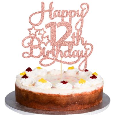 1 Pack Happy 12th Birthday Cake Topper Glitter Heart Star 12 Fabulous Cake Pick Birthday Sign Cake Decorations for Children 12th Birthday Theme Party Supplies Rose Gold