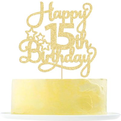 1 Pack Happy 15th Birthday Cake Topper Gold Glitter Mis Quince 15 Cheers to 15 Years Old Cake Pick for Celebrating 15th Birthday Anniversary Party Cake Decorations Supplies