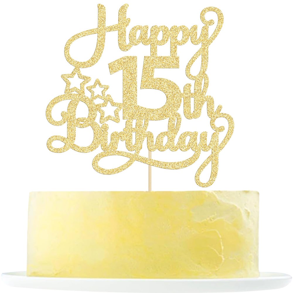 1 Pack Happy 15th Birthday Cake Topper Gold Glitter Mis Quince 15 Cheers to 15 Years Old Cake Pick for Celebrating 15th Birthday Anniversary Party Cake Decorations Supplies