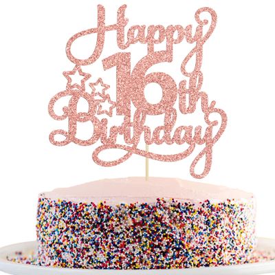 1 Pack Happy 16th Birthday Cake Topper Glitter Sweet 16 Cake Pick Birthday 16th Birthday Cake Decorations for Children 16th Theme Party Supplies Rose Gold
