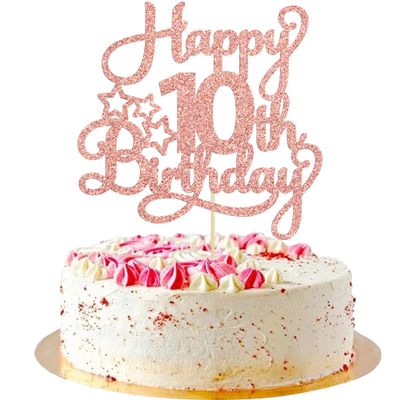 1 Pack Happy 10th Birthday Cake Topper Glitter Heart Star 10 Fabulous Cake Pick Birthday Sign Cake Decorations for Children 10th Birthday Theme Party Supplies Rose Gold