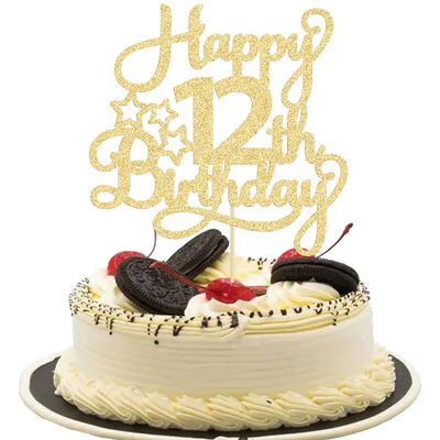1 Pack Happy 12th Birthday Cake Topper Glitter Heart Star 12 Fabulous Cake Pick Birthday Sign Cake Decorations for Children 12th Birthday Theme Party Supplies Gold