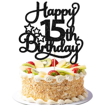 1 Pack Happy 15th Birthday Cake Topper Black Glitter Mis Quince 15 Cheers to 15 Years Old Birthday Cake Pick for Celebrating 15th Birthday Anniversary Party Cake Decorations Supplies