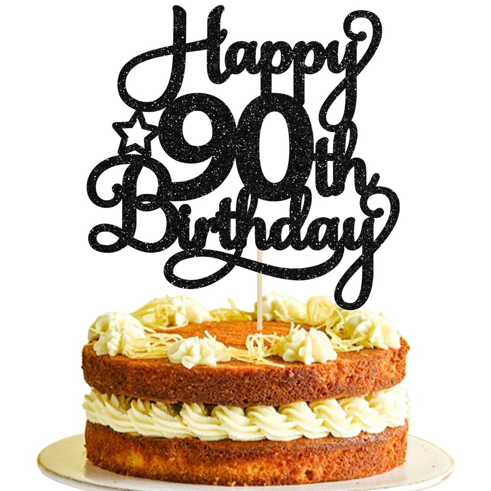 1 Pack Happy 90th Birthday Cake Topper Black Glitter 90 & Fabulous Cheers to 90 Years Old Birthday Cake Pick for Celebrating 90th Birthday Anniversary Party Cake Decorations Supplies