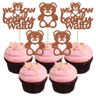 Gyufise 24Pcs We Can Bearly Wait Cupcake Toppers Brown Glitter Bear Cupcake Picks Baby Shower Cake Decorations for Gender Reveal Theme Baby Shower Kids Birthday Party Supplies