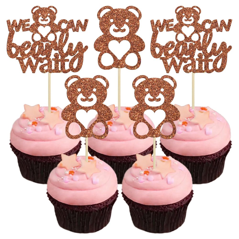 Gyufise 24Pcs We Can Bearly Wait Cupcake Toppers Brown Glitter Bear Cupcake Picks Baby Shower Cake Decorations for Gender Reveal Theme Baby Shower Kids Birthday Party Supplies