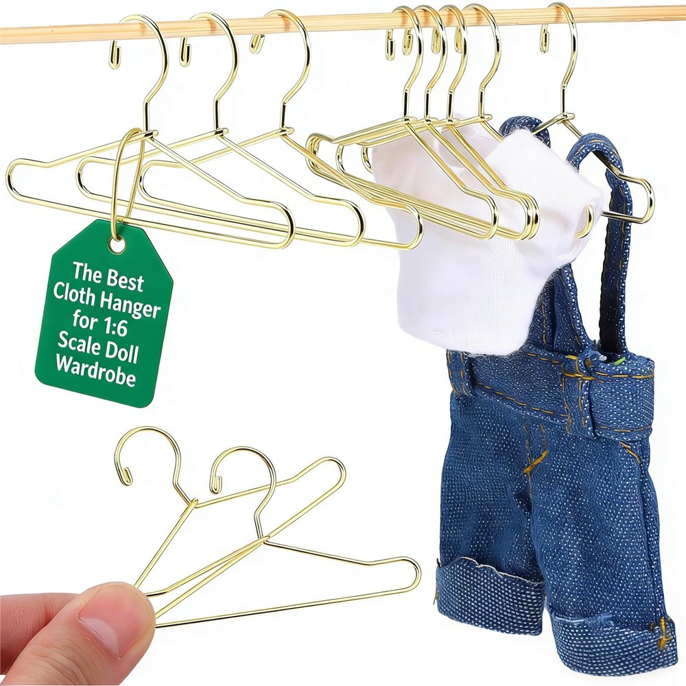 10 Pcs Mini Clothes Hangers, 2.5 Inch Tiny Gold Metal Hangers for Dollhouse - 1:6 Scale Doll Wardrobe Accessories for Delicate Dresses & Display