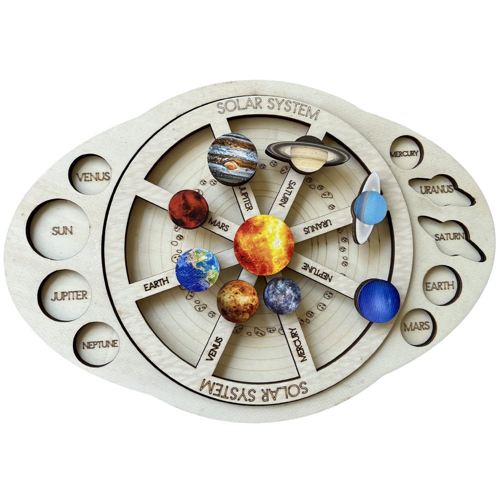 Handmade Rotating Wooden Solar Board to Learn The Planets and The Solar System, Montessori School Wooden Sun and Planets Board to Learn Space and Planets