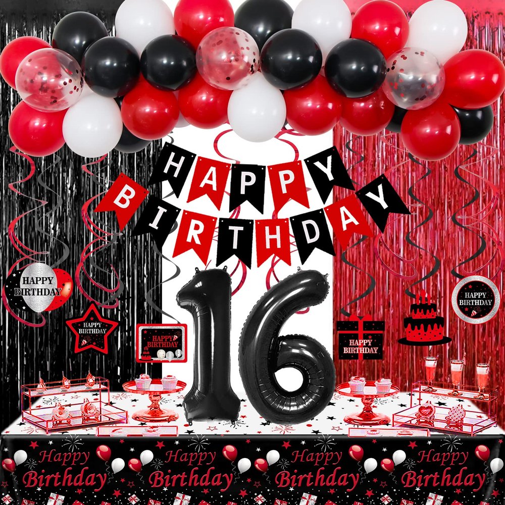 16th Birthday Decorations for Boys Girls,Red and Black 16 Party Balloons Banner Number 16 Balloon Hanging Swirls Tablecloth Foil Fringe Curtains For Sweet 16th Birthday Decorations Party Supplies