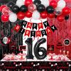16th Birthday Decorations for Boys Girls,Red and Black 16 Party Balloons Banner Number 16 Balloon Hanging Swirls Tablecloth Foil Fringe Curtains For Sweet 16th Birthday Decorations Party Supplies view 1