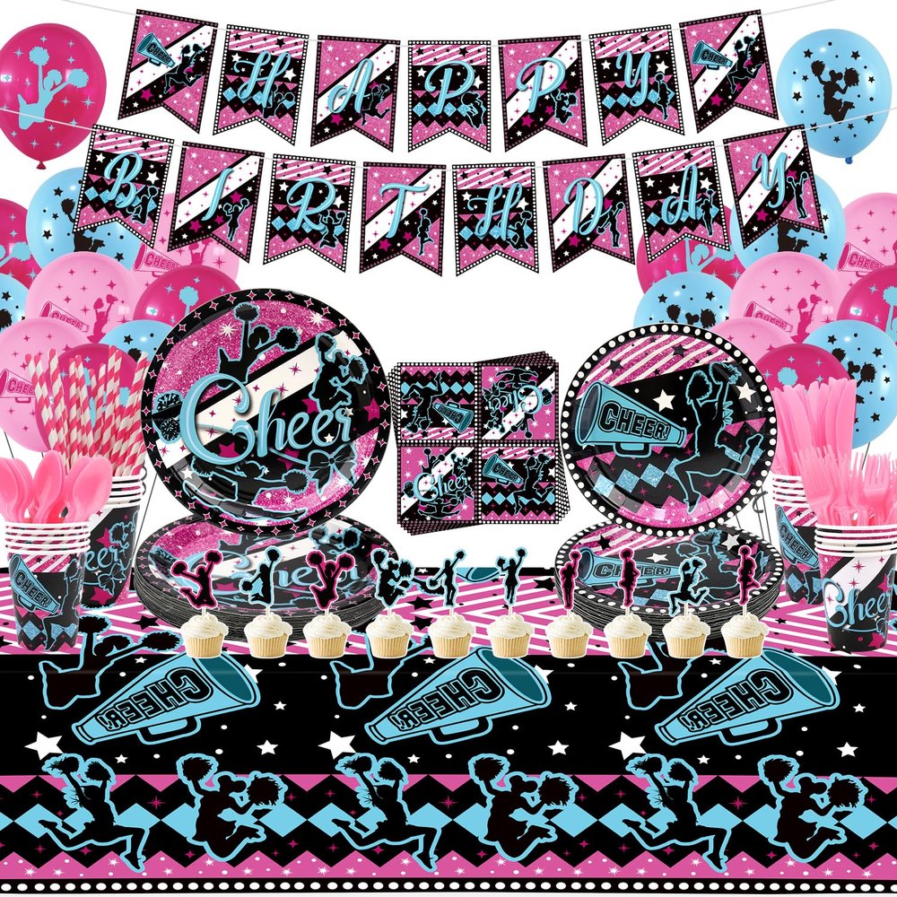 Cheerleading Party decoration, Cheerleading birthday Party Supplies Packs, Gymnastics PartyCheer Party Supplies include Background, Plates, Balloons, Cheerleading Party Set Serves 20 (Banner)
