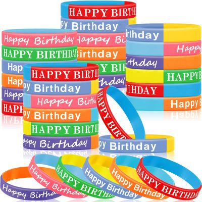 Sratte 120 Pcs Happy Birthday Rubber Bracelets for Kids Stretch Wristbands Bulk Birthday Bracelets for Classroom Student Back to School Gift Teacher Birthday Party Favors Supplies (Classic Color)