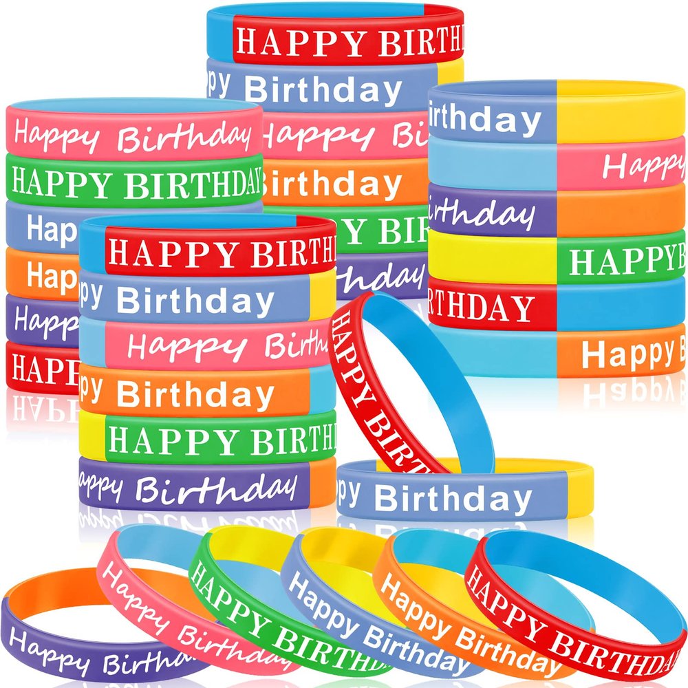 Sratte 120 Pcs Happy Birthday Rubber Bracelets for Kids Stretch Wristbands Bulk Birthday Bracelets for Classroom Student Back to School Gift Teacher Birthday Party Favors Supplies (Classic Color)