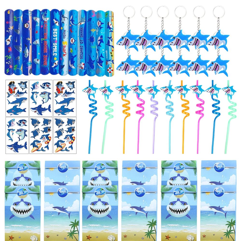 JOYMEMO Shark Party Favor Supplies, Shark Goodie Bags Keychains Slap Wristbands Temporary Tattoos Straws for Birthday Ocean Sea Party Decorations