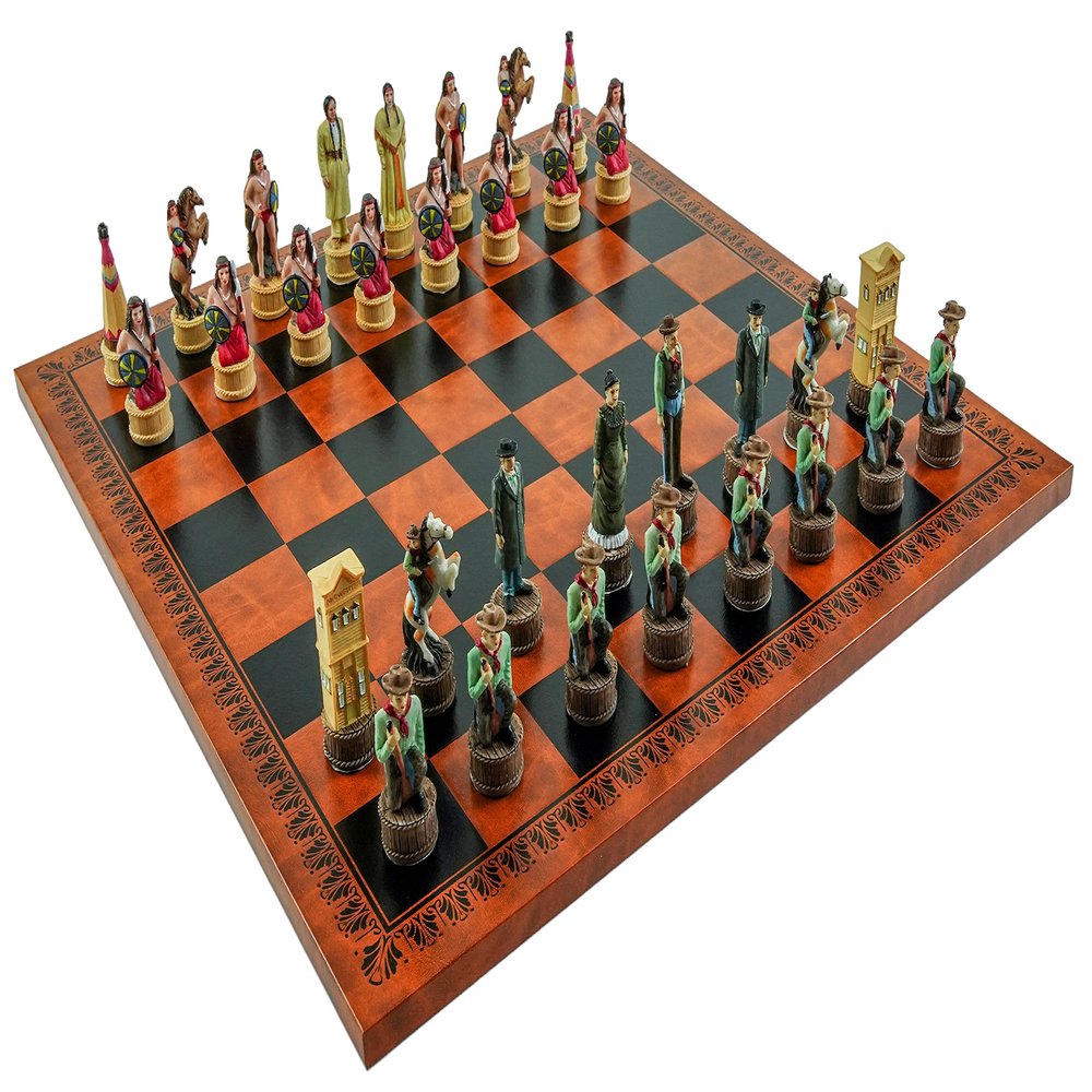 American West Chessmen, Cowboys & Indians with Georgio Chess Board from Italy