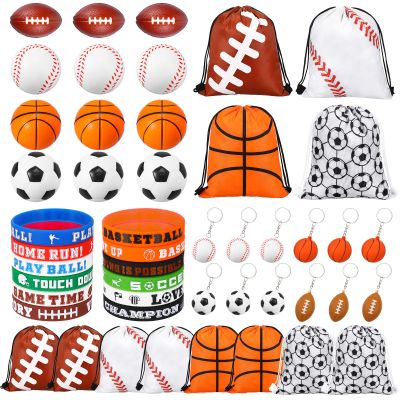 LEIFIDE 48 Pcs Sport Party Favors 12 Sets Silicone Bracelet Drawstring Treat Bag Mini Stress Ball Keychains for Sport Birthday Party Supplies