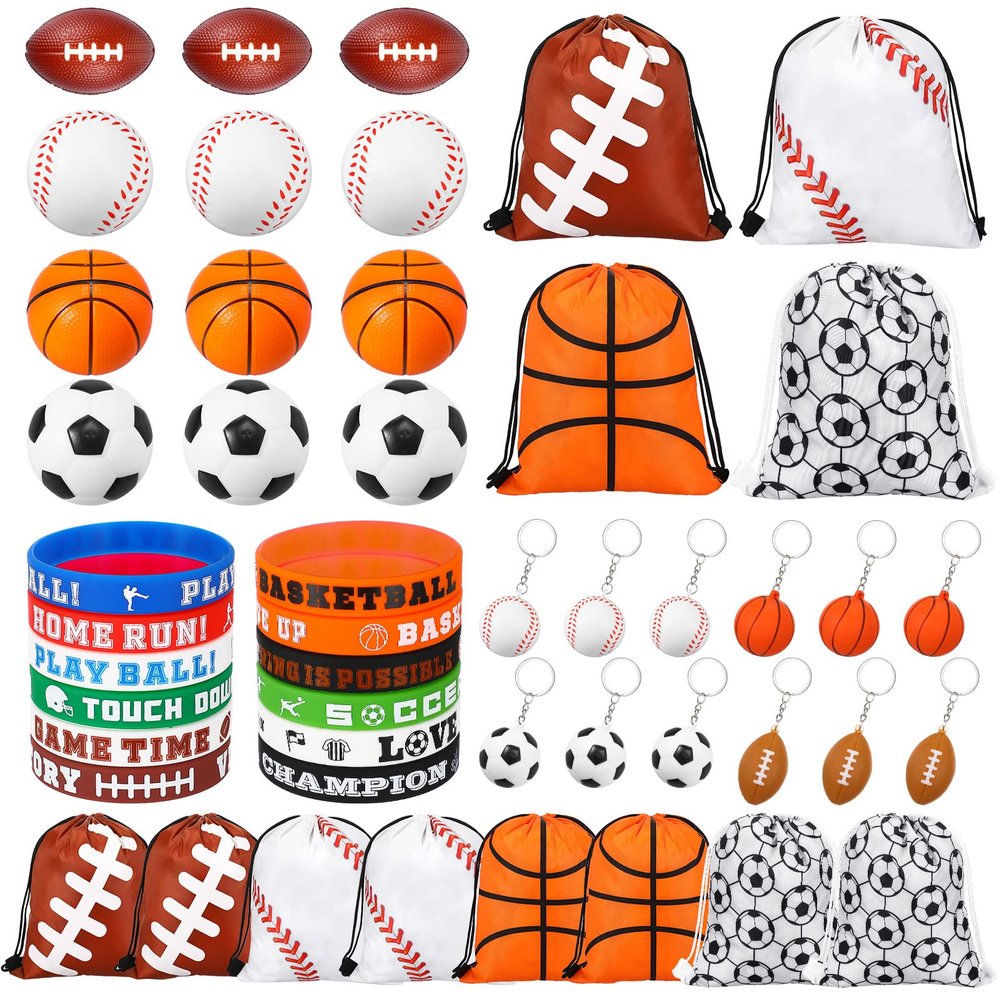 LEIFIDE 48 Pcs Sport Party Favors 12 Sets Silicone Bracelet Drawstring Treat Bag Mini Stress Ball Keychains for Sport Birthday Party Supplies