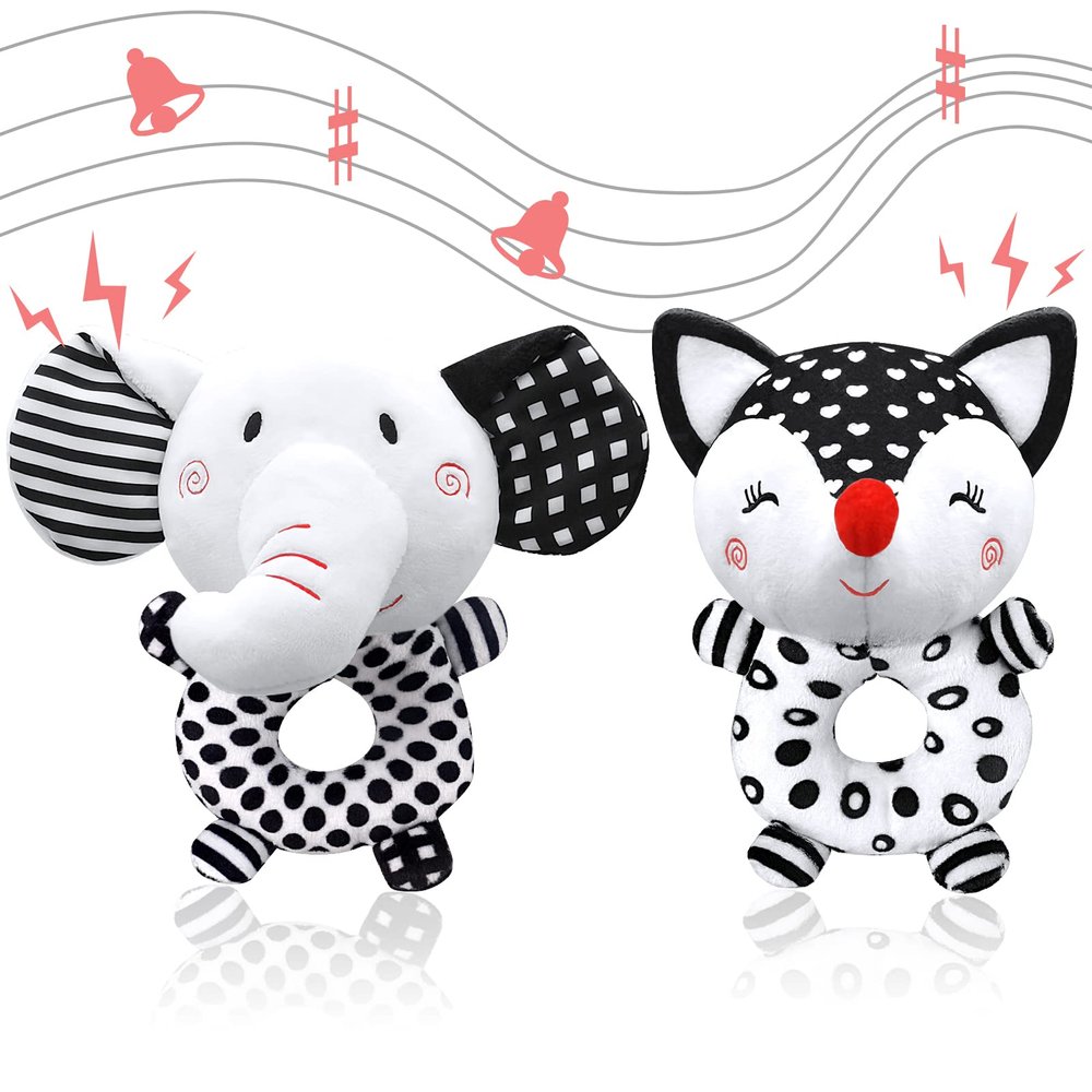 Baby Rattles 0-6 Months Newborn Toys Baby Toys 0-6 Months Rattles for Babies 0-6 Months Infant Toys 0-3 Months, Black & White High Contrast Baby Toys Plush Stuffed Toys for 0 3 6 9 12 Months Girl Boy