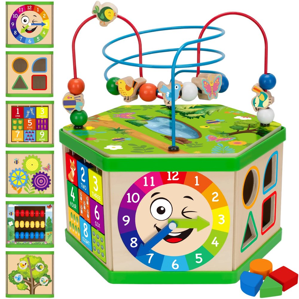 Wooden Activity Cube for 1 Year old, 12-18 Month Boys & Girls, 7-in-1 STEM Montessori Early Developmental Learning Toys for Kids Aged 1-2, Ideal 1st Birthday Gift Toys for Baby, Toddlers (Green)