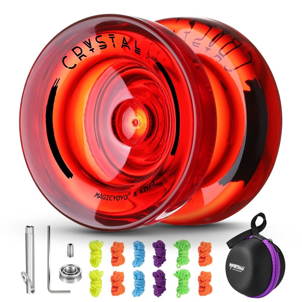 Professional Responsive Yoyo K2 Crystal, Dual Purpose Plastic Yo yo for Kids Beginner, Replacement Unresponsive Bearing for Advanced Yo-yo Players + Removal Tool + 12 Yoyo Strings + Yo Yo BagRed