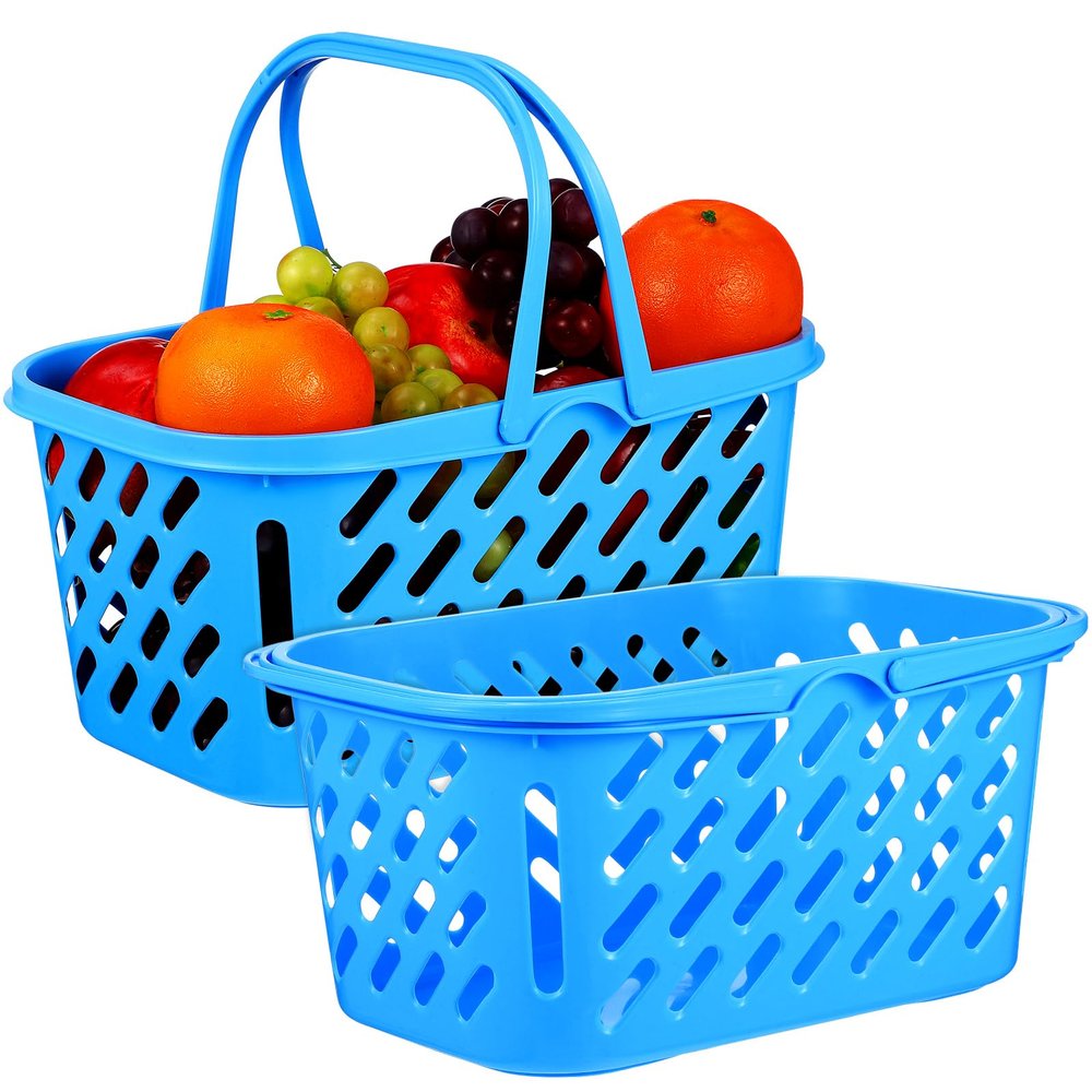 Cabilock Plastic Shopping Basket with Handle Small Lake Blue Mini Grocery Basket for Kids Toy Storage and Household Organization 12X8X6 Inches