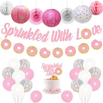 Donut Baby Shower Decorations for Girl, Baby Sprinkle Decorations Sprinkled with Love Banner, Pink Lantern Donut Balloons Honeycomb Balls Kids Birthday Party Backdrop