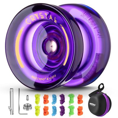 Responsive Yoyo for Kids K2 Crystal Purple , Dual Purpose Plastic Yo-Yo for Beginners, Replacement Unresponsive Ball Bearing for Advanced Yo yo Players + Removal Bearing Tool + 12 Yoyo Strings + Bag