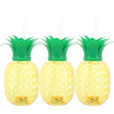 BESTonZON 3PCS Pineapple Cups, 500ML LED Light up Pineapple Cups with Straw and Lid, Hawaiian Fruit Shaped Shaped, Tropical Sippy Cup Glass Water for Beach Summer Party