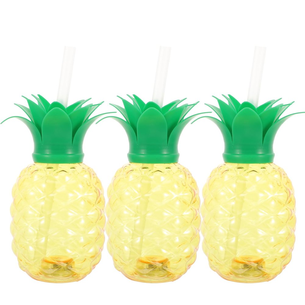 BESTonZON 3PCS Pineapple Cups, 500ML LED Light up Pineapple Cups with Straw and Lid, Hawaiian Fruit Shaped Shaped, Tropical Sippy Cup Glass Water for Beach Summer Party