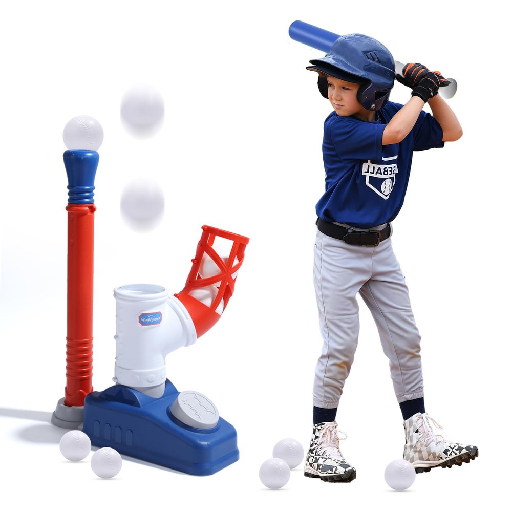 EagleStone Baseball TeeT-Ball Set for Kids Ages 3-5, Toddler Baseball Set with Step-On Pitching Machine, Adjustable Batting Tee, Bat and 6 Balls - Perfect Outdoor Christmas Toys Gift for Boys