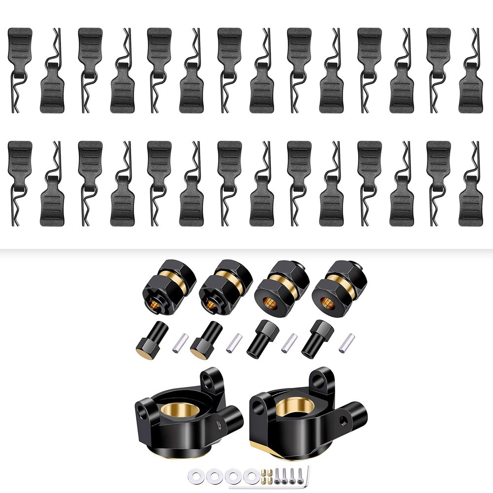 HobbyPark SCX24 Body Clips, SCX24 Brass Steering Knuckles Carriers and Brass Extended 7mm Wheel Hex Hubs