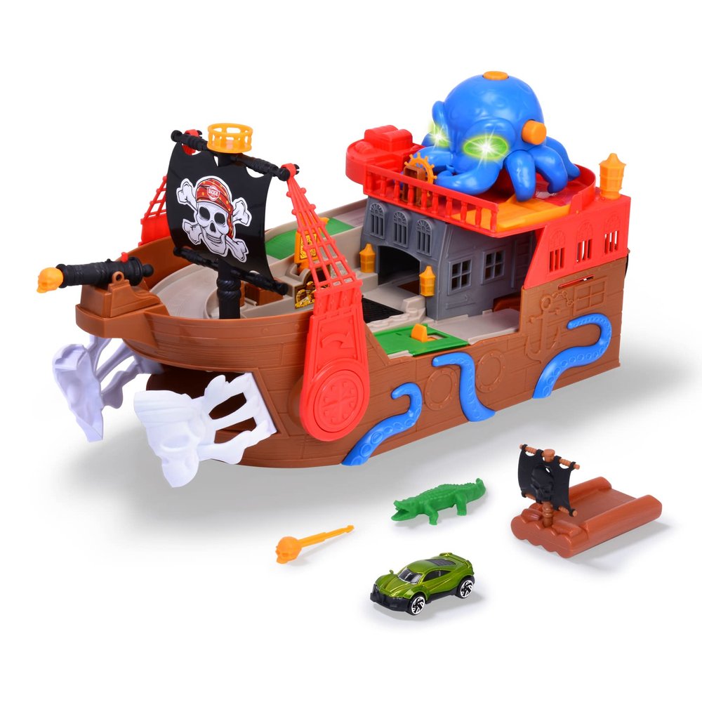 Dickie Toys 203778000 - Pirate Ship - Pirate Ship from Dickie Toys with Freewheel, Lights and Sound and 1 Diecast Car that Comes in Two Different Designs, From 3 Years