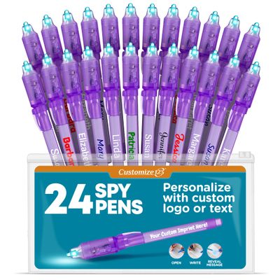 Personalized Invisible Disappearing Ink Pen Marker, Custom Secret Spy Message Writer with UV Light, Fun Activity for Kids Party Favors Gifts and Stock Stuffers, 24 Pack, Purple