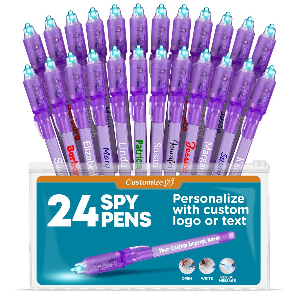 Personalized Invisible Disappearing Ink Pen Marker, Custom Secret Spy Message Writer with UV Light, Fun Activity for Kids Party Favors Gifts and Stock Stuffers, 24 Pack, Purple