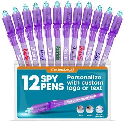 CUSTOMIZE123 Personalized Invisible Disappearing Ink Pen Marker, Custom Secret Spy Message Writer with UV Light, Fun Activity for Kids Party Favors Gifts and Stock Stuffers, 12 Pack, Purple