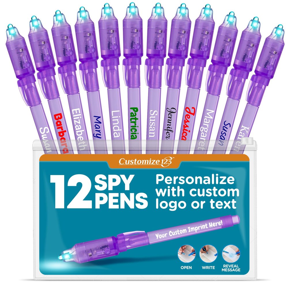 CUSTOMIZE123 Personalized Invisible Disappearing Ink Pen Marker, Custom Secret Spy Message Writer with UV Light, Fun Activity for Kids Party Favors Gifts and Stock Stuffers, 12 Pack, Purple