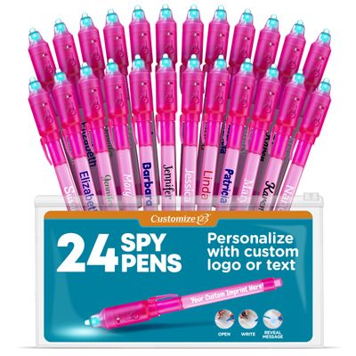 Personalized Invisible Disappearing Ink Pen Marker, Custom Secret Spy Message Writer with UV Light, Fun Activity Entertainment for Kid Party Favors Ideas Gifts and Stock Stuffers, 24 Pack, Pink