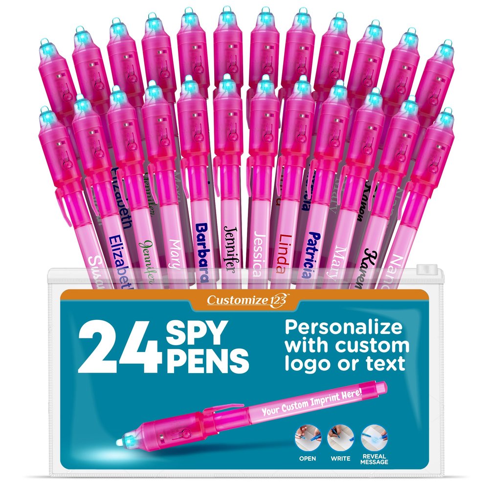 Personalized Invisible Disappearing Ink Pen Marker, Custom Secret Spy Message Writer with UV Light, Fun Activity Entertainment for Kid Party Favors Ideas Gifts and Stock Stuffers, 24 Pack, Pink