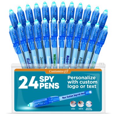 Personalized Invisible Disappearing Ink Pen Marker, Custom Secret Spy Message Writer with UV Light, Fun Activity Entertainment for Kid Party Favors Ideas Gifts and Stock Stuffers, 24 Pack, Blue
