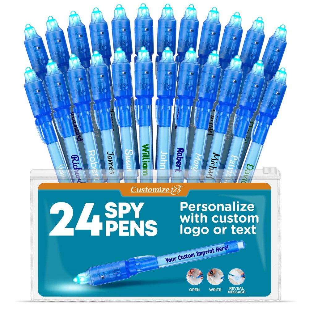 Personalized Invisible Disappearing Ink Pen Marker, Custom Secret Spy Message Writer with UV Light, Fun Activity Entertainment for Kid Party Favors Ideas Gifts and Stock Stuffers, 24 Pack, Blue