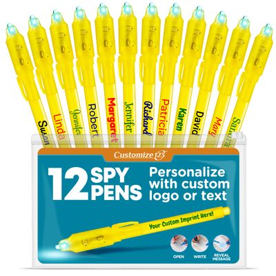 CUSTOMIZE123 Personalized Invisible Disappearing Ink Pen Marker Pack, Custom Secret Spy Message Writer with UV Light, Fun for Kids Party Favors Gifts and Stock Stuffers, 12 Pack, Yellow