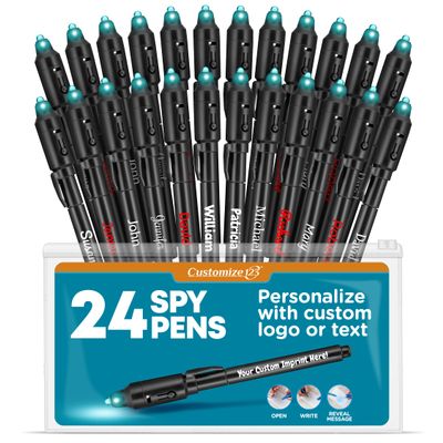 Personalized Invisible Disappearing Ink Pen Marker Pack, Custom Secret Spy Message Writer with UV Light, Fun for Kids Party Favors Gifts and Stock Stuffers, 24 Pack, Black