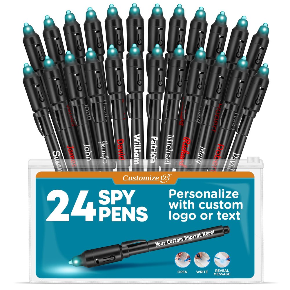 Personalized Invisible Disappearing Ink Pen Marker Pack, Custom Secret Spy Message Writer with UV Light, Fun for Kids Party Favors Gifts and Stock Stuffers, 24 Pack, Black