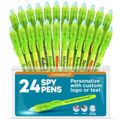 Personalized Invisible Disappearing Ink Pen Marker Pack, Custom Secret Spy Message Writer with UV Light, Fun for Kids Party Favors Gifts and Stock Stuffers, 24 Pack, Green