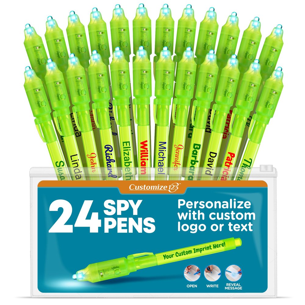 Personalized Invisible Disappearing Ink Pen Marker Pack, Custom Secret Spy Message Writer with UV Light, Fun for Kids Party Favors Gifts and Stock Stuffers, 24 Pack, Green
