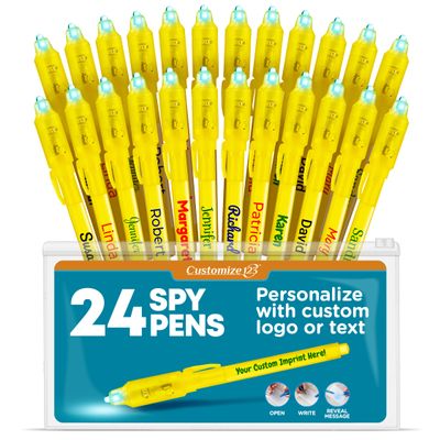 Personalized Invisible Disappearing Ink Pen Marker Pack, Custom Secret Spy Message Writer with UV Light, Fun for Kids Party Favors Gifts and Stock Stuffers, 24 Pack, Yellow