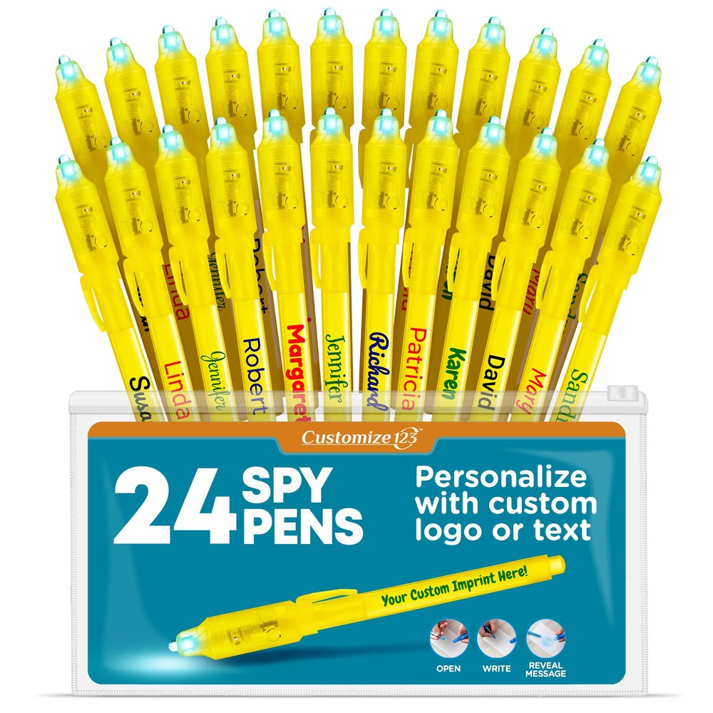 Personalized Invisible Disappearing Ink Pen Marker Pack, Custom Secret Spy Message Writer with UV Light, Fun for Kids Party Favors Gifts and Stock Stuffers, 24 Pack, Yellow