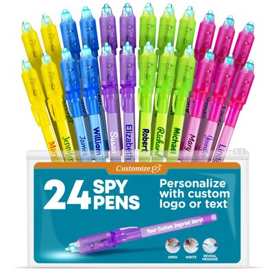Personalized Invisible Disappearing Ink Pen Marker Pack, Custom Secret Spy Message Writer with UV Light, Fun for Kids Christmas Gifts and Stock Stuffers, 24 Pack, Assorted