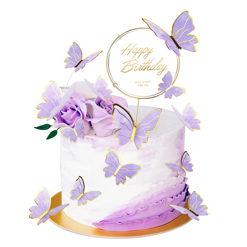 21 Pieces Butterfly Cake Toppers With Happy Birthday Cake Toppers 3D Pink Gold Butterfly Cake Decorations for Girls Women's Birthday Party Wedding Cake Decor Baby Shower (Purple)